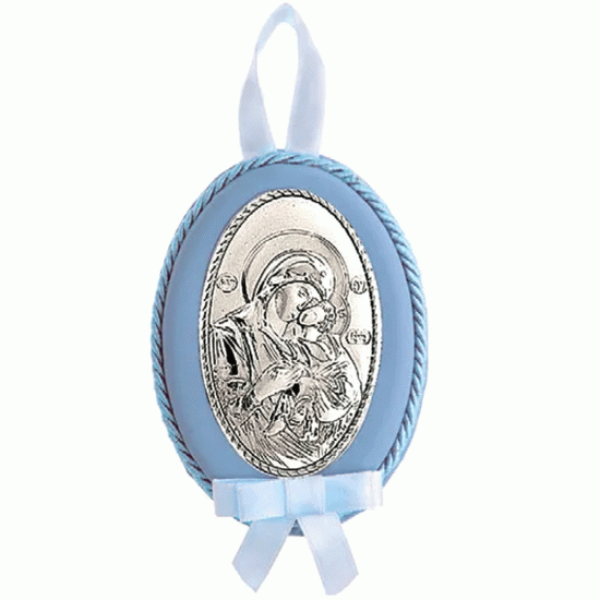 Medalion Maica Domnului Cu Pruncul Dulcea Sarutare Argint 8x11cm Albastru