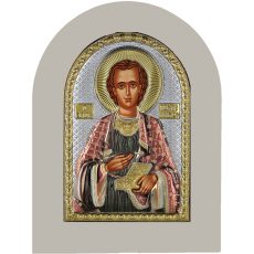 Icoana Argint Sfantul Pantelimon 10x14 cm Color cu Rama Alba