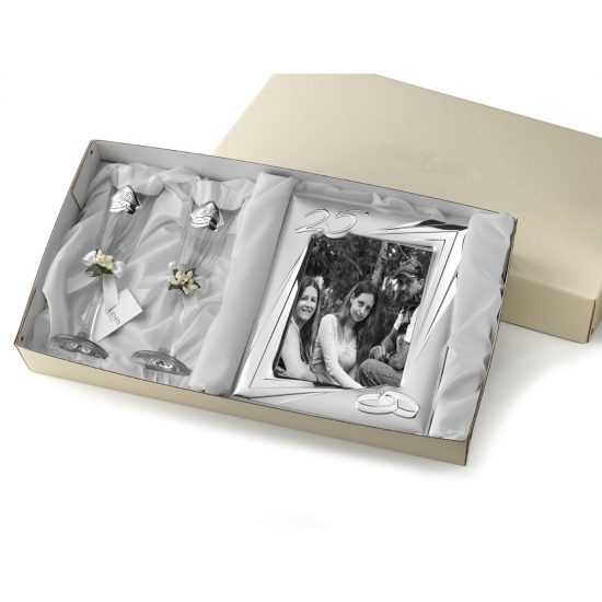 Set Pahare Argint 25 Ani Casatorie + Rama Foto