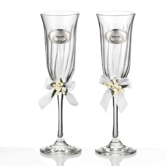 Set 2 Pahare Sampanie Casatorie Argint Verigheta
