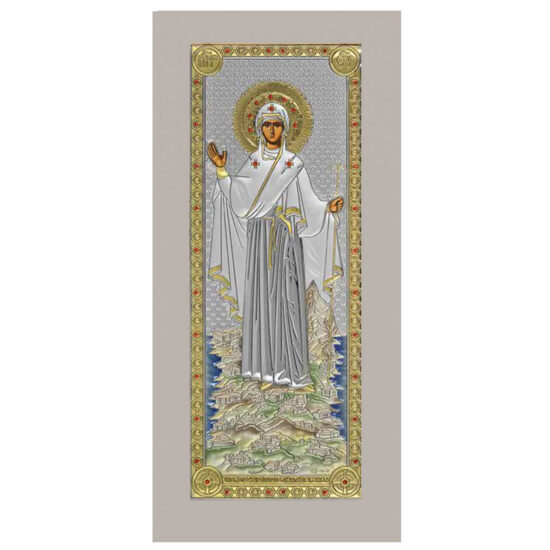 Icoana Maicii Domnului Athos Argint 8.5x16 cm Color Rama Alba